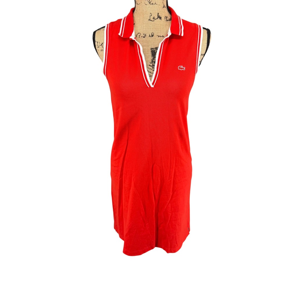 Lacoste Polo Dress Size 38-6 US Red Orange Sleeveless V-Neck Pique Cotton Blend